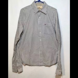 Hollister Gray White Striped Casual Button Front Shirt Large Men's Cotton